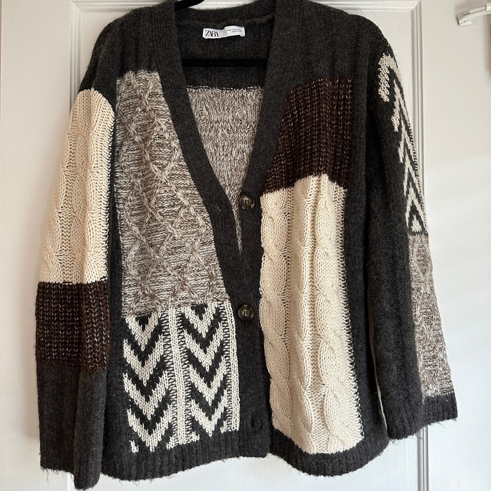 Zara Oversized Patchwork Button-Down Cardigan, Size S